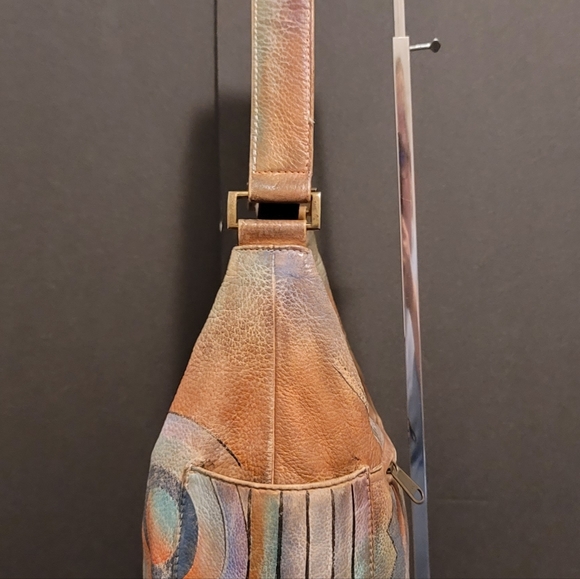 Anushka Hand Painted Leather Hobo Shoulder Bag Geometric Shapes - Picture 7 of 15